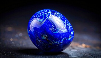 Stunning macro shot of a luminous cobalt blue glossy sphere or egg artifact adorned with intricate silver Islamic Arabic calligraphy details