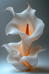Abstract white calla lily made of paper, 3D render, white background, golden details, fluid lines, brown ink on it. Generative AI