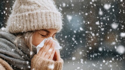 A person, bundled in winter wear, sneezes while outdoors in a flurry of snowflakes