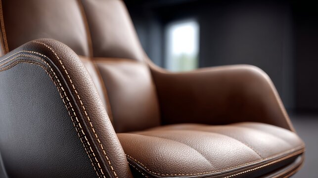 A brown leather chair with a black trim. The chair is sitting in a room with a window