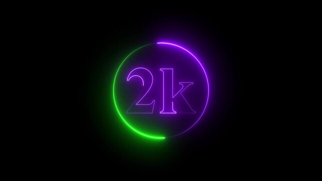 Glowing Neon 2K Text with green and purple on Black Background. neon glowing text animation