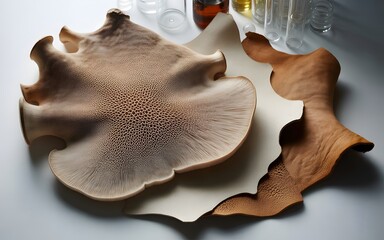 Leather Texture Samples: A trio of textured leather samples in varying shades of tan, beige, and brown showcase the natural beauty and tactile quality of raw leather materials.