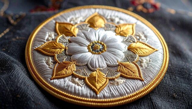 Luxurious close up of intricate circular embroidery featuring a detailed white floral motif and gold metallic thread leaves textile art