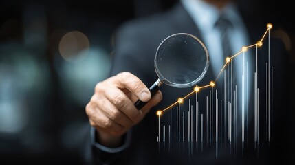 Business professional analyzing growth trends with magnifying glass over digital data graphs in a modern office environment