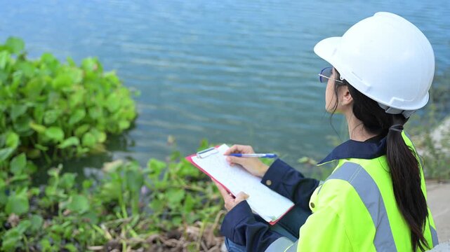 Environmental engineers work at the water storage plant, check the pH of the water, check the quality of the water.