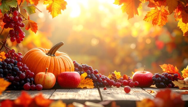 A vibrant autumn display with pumpkins, apples, and grapes surrounded by colorful leaves - Powered by Adobe