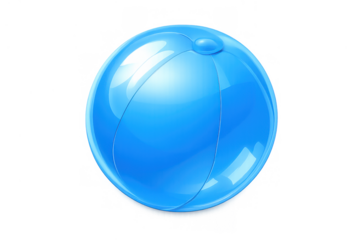 Blue inflatable summer beach ball for water sport and play with shiny surface, isolated on transparent background