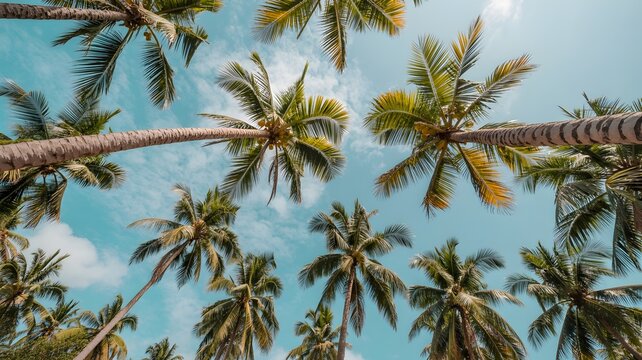 Tropical canopy under blue sky: A breathtaking view of towering palm trees against a vibrant blue sky with fluffy clouds, creating a sense of serenity and tropical bliss. - Powered by Adobe