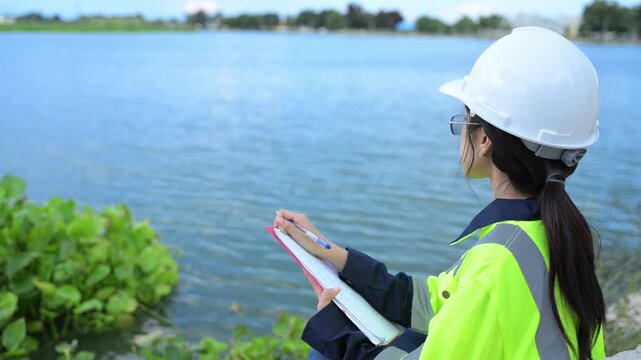 Environmental engineers work at the water storage plant, check the pH of the water, check the quality of the water.
