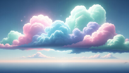 Dreamy Surreal Fantasy Sky with Oversized Cotton Clouds in Soft Pastel Glow