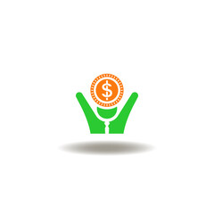 Vector illustration of man raising arms for cash coin over head. Symbol of financial success, prosperity and celebration of income.