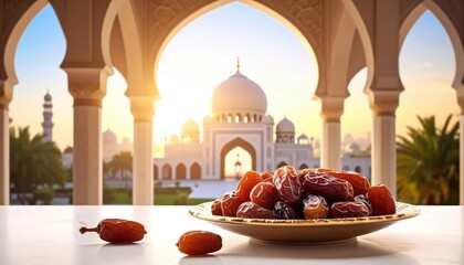 Dates of Tradition: A meticulously arranged platter of dates, the symbol of history sits on a table overlooking an Islamic mosque. A scene capturing cultural and spiritual significance.