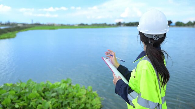 Environmental engineers work at the water storage plant, check the pH of the water, check the quality of the water.