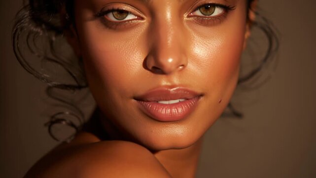 Close-up indian woman with healthy radiant complexion, natural beauty look, soft studio lighting, clean editorial background, skincare natural