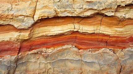 Stratified Earth: A close-up showcases the Earth's layered history in a rugged, textured rock formation, displaying rich hues of ochre, red, and beige.