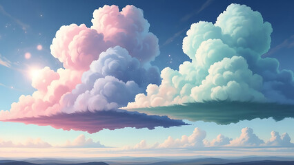 Dreamy Surreal Fantasy Sky with Oversized Cotton Clouds in Soft Pastel Glow