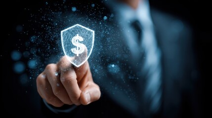 Businessman Touching Digital Shield with Dollar Symbol Representing Financial Security and Protection Against Fraud in Modern Economy