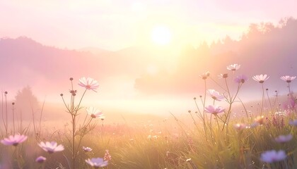 A serene landscape at sunrise with mist covering hills and blooming flowers in soft hues