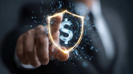 Businessman Holding Digital Shield with Dollar Symbol Representing Financial Security and Protection against Cyber Threats in Modern Corporate Environment