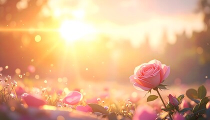 A serene sunset illuminating a pink rose amidst a field of petals and lush greenery