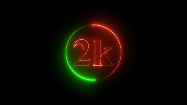 Glowing Neon 2K Text with green and orange on Black Background. neon glowing text animation