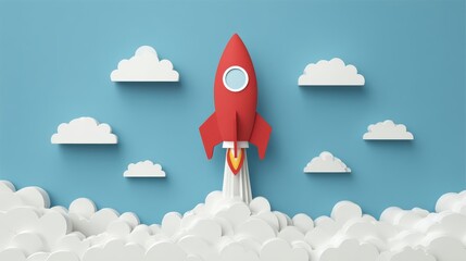 Colorful rocket launching into the sky among fluffy clouds in a modern digital art style, representing innovation, exploration, and adventure in business.