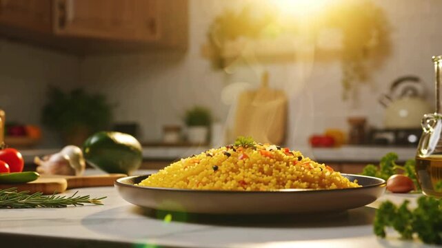 Vibrant couscous meal ready serve ceramic plate in modern kitchen, natural sunlight, soft steam rising, fresh vegetables herbs clean minimalist lifestyle aesthetic, global cuisine concept, warm tones