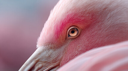 Fototapeta premium Extreme Close-up of Pink Flamingo Eye and Feathers, Abstract Wildlife Nature Background