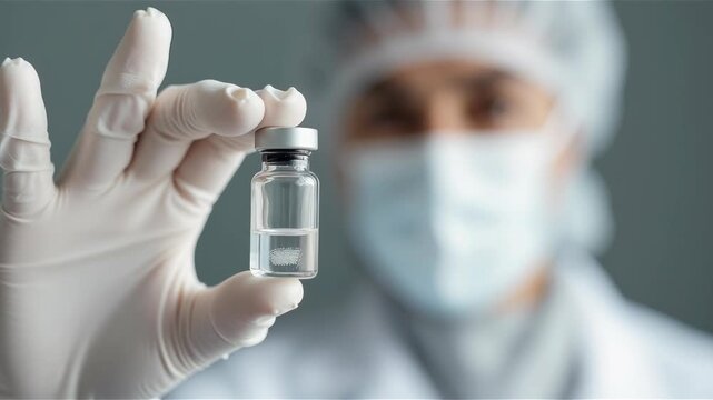 A healthcare professional holds a vial of medicine, showcasing safety and precision in a sterile environment. 
