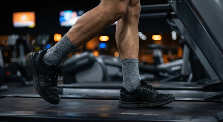 Fototapeta premium A close-up of a person’s leg in motion during a workout session on a treadmill in a modern gym environment