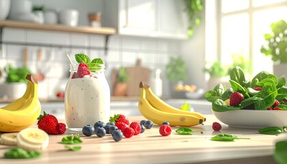 A bright kitchen scene featuring a smoothie jar surrounded by fresh fruits and leafy greens