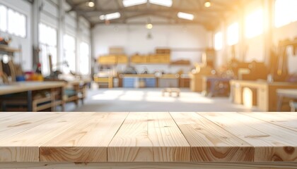 A sunlit workshop with wooden tables, tools in the background, creating a warm, inviting atmosphere