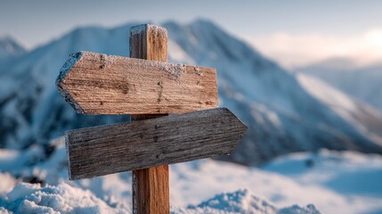 Wooden directional signpost, covered in frost, indicating choices within snowy mountain landscape. A sunlit peak is background
