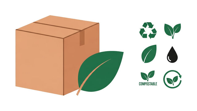 Cardboard Box with Green Leaf and Eco Symbols.