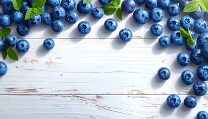 A vibrant arrangement of fresh blueberries scattered across a rustic wooden surface