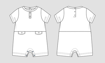 Baby Romper Technical Drawing Flat Sketch vector illustration template front and back