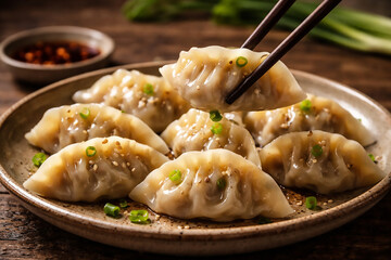 Jiaozi Dumplings with Chopsticks on Rustic Table Food Close-Up