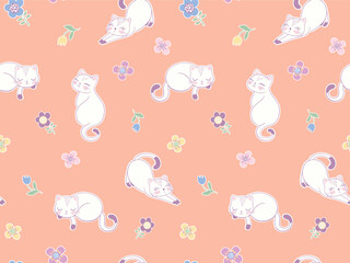 Cute Sleeping and Stretching Cats with Pastel Flowers Pattern