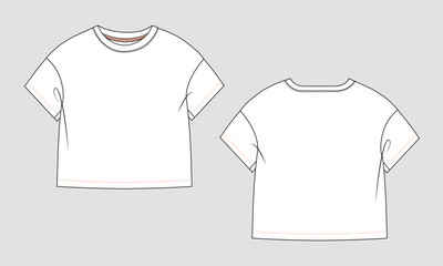 Short sleeve Basic T-shirt technical fashion flat sketch vector Illustration template front and back views. Basic apparel Design Mock up for Kids and boys.
