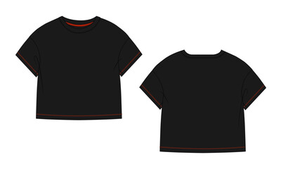 T shirt technical drawing fashion flat sketch vector illustration black color template for kids