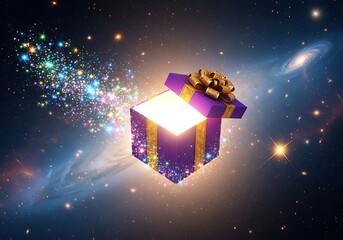 Glowing opened present releases stream of colorful sparkles into the deep space galaxy