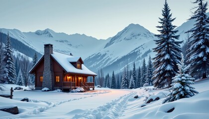 Winter Cabin Retreat: Cozy Mountain Cabin in a Snowy Landscape, Peaceful Winter Holiday Scene, Cabin in the Mountains with Snow, Cozy Winter Getaway, Winter Holiday Season