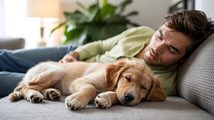 Cozy Naps: A man and his golden retriever puppy share a peaceful moment, both fast asleep on a comfortable sofa, their bond of companionship evident. 