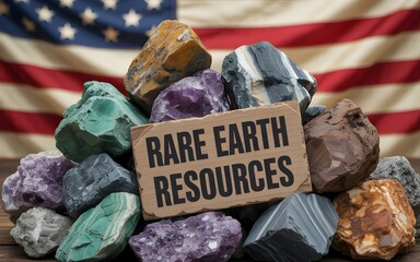 Rare Earth Resources: A compelling image highlighting the significance of rare earth resources, with colorful mineral stones artfully arranged against the backdrop of a flag.