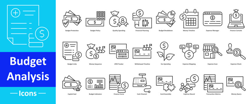 Budget analysis icon pack in modern outline vector style for financial planning cost tracking spending review money management expense reporting saving strategy and business decision support