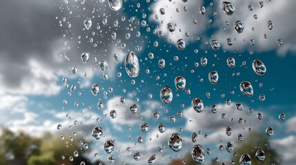 A cloudy sky with many small water droplets scattered throughout. The droplets are of various sizes and are falling from the sky, creating a sense of movement and fluidity