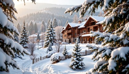 Idyllic Winter Resort Scene with Snow-Covered Lodge and Evergreen Trees, Perfect for Winter Holidays and Snowy Getaways