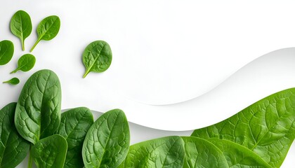 Fresh green spinach leaves arranged artistically with a clean white background