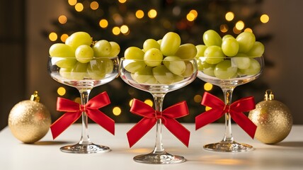 Festive Grape Garnishes: Elegantly arranged, green grapes sparkle in stemmed glasses, each adorned with a vibrant red bow.