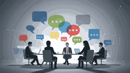 Dynamic business professionals engage in a collaborative meeting, fostering open communication and exchanging innovative ideas, visualized through vibrant speech bubbles